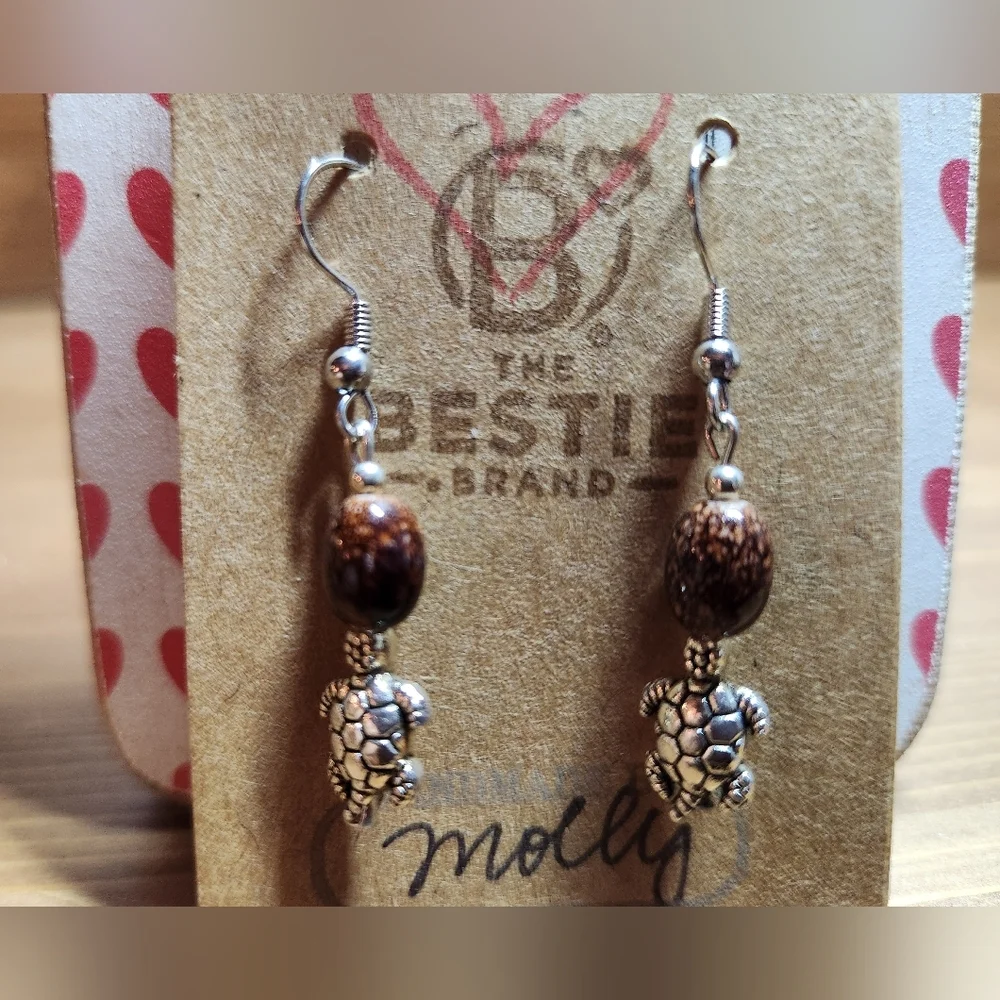 Silver in Color Turtle Charm Brown Beads Handmade Dangle Earrings Leverback